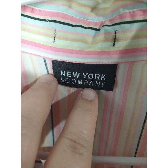 New York & Co Pink Stripes Collared Keyhole Button 3/4 Button Sleeve Blouse L* - Picture 6 of 9